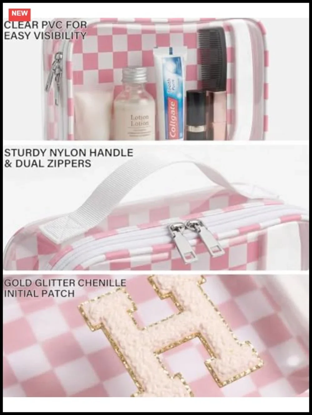 Personalized Initial Chenille Makeup Bag Set 2-Piece Clear PVC Travel Toiletry